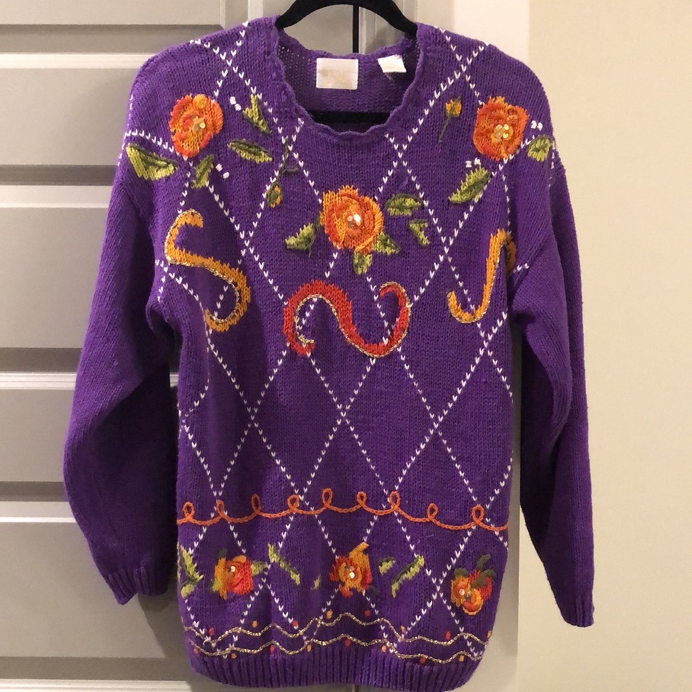 Vtg Needles and Yarn Purple Floral Sweater